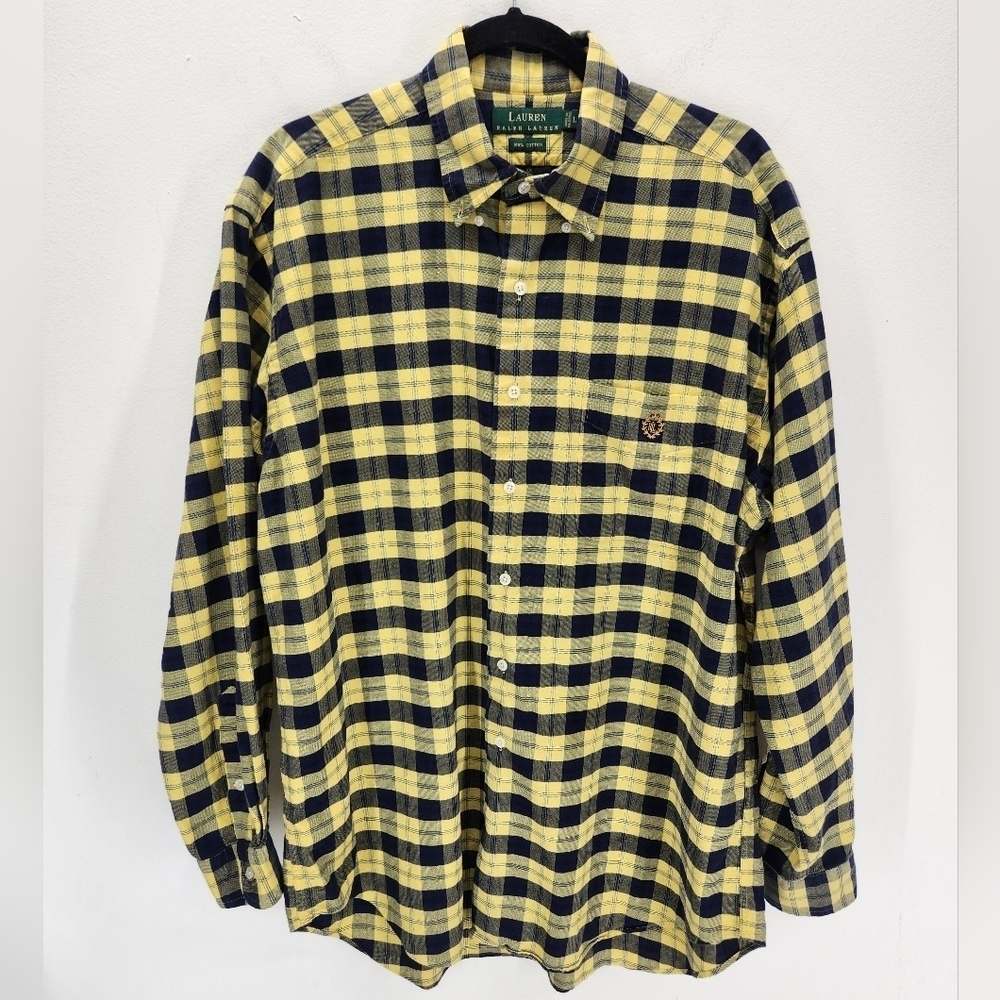 Lauren Ralph Lauren Plaid Button Down Long Sleeve Shirt Mens Large Yellow Blue